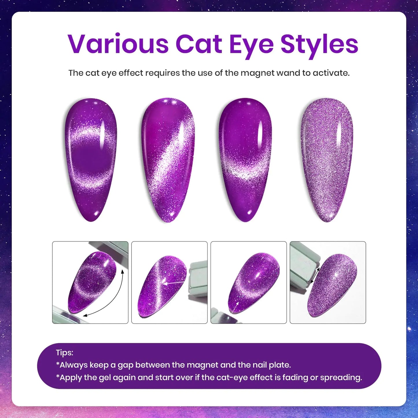 Beetles 6 Colors Summer Neon Cat Eye Gel Nail Polish Kit with Double-ended Magnet, Bright Orange Blue Green Purple Holographic Glitter Magic Spells Soak Off UV Led Gel Nail Polish Set Nail Art 0 - 6 Colors Cat Eyes Magic Spells