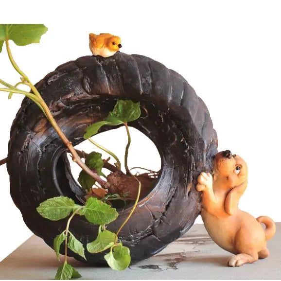 Realistic Dog Figurine with Flower Pot – Cute Desktop Decor