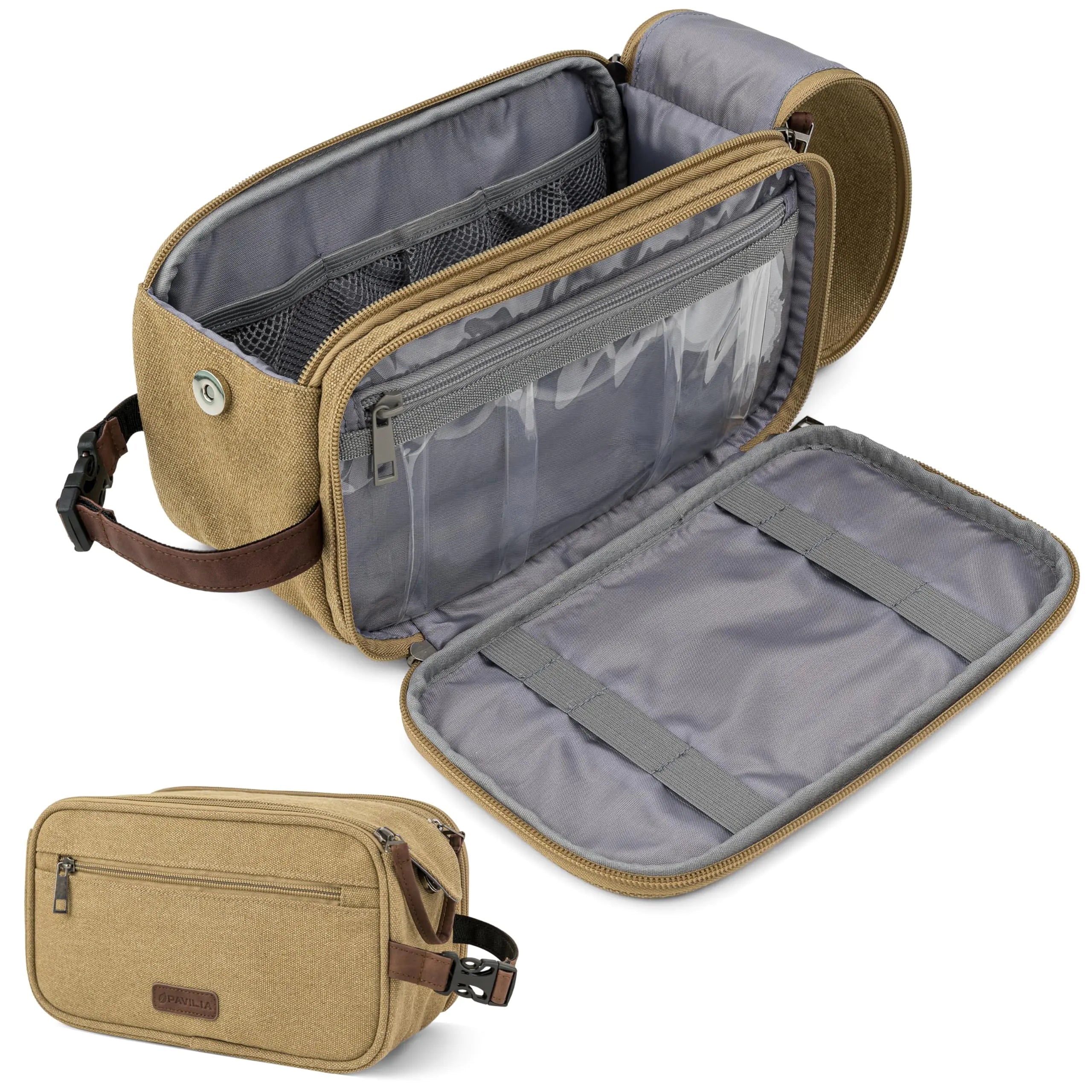 PAVILIA Toiletry Bag for Men – Canvas Travel Dopp Kit (Tan Khaki) - Trendy Home Mart