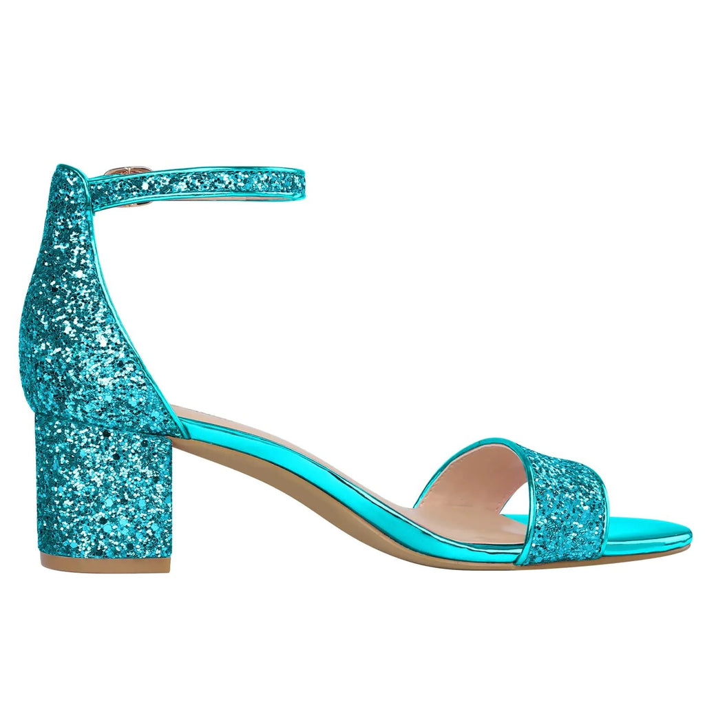 PIZZ ANNU Women's Low Block Chunky Heels Sandals Comfortable Open Toe Ankle Strap Party Dress Pump Shoes Strappy Buckle Heeled Sandal with 2 Inches Tall Thick Heel Design 6 Blue Sequin - Trendy Home Mart
