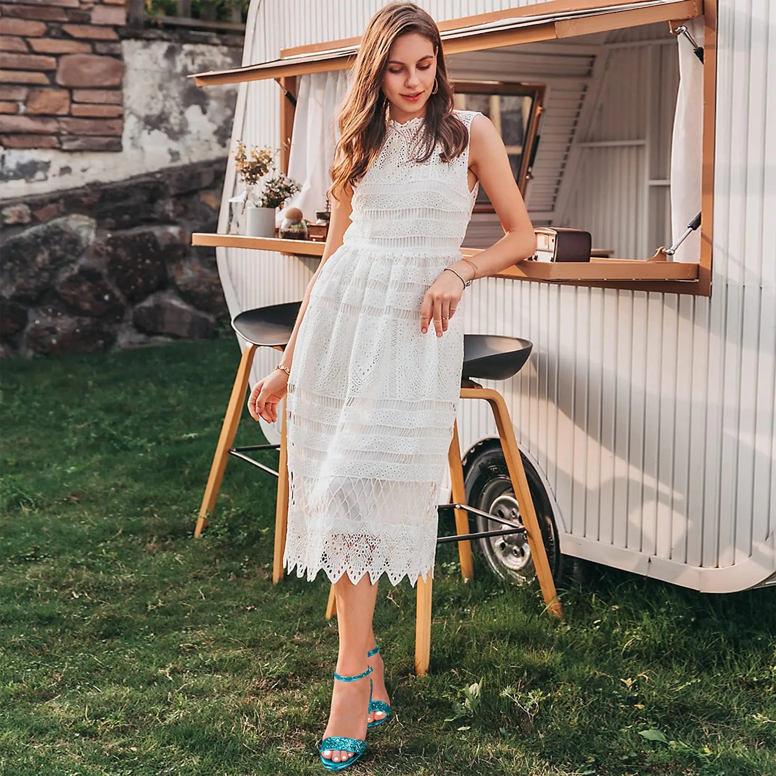 PIZZ ANNU Women's Low Block Chunky Heels Sandals Comfortable Open Toe Ankle Strap Party Dress Pump Shoes Strappy Buckle Heeled Sandal with 2 Inches Tall Thick Heel Design 6 Blue Sequin - Trendy Home Mart