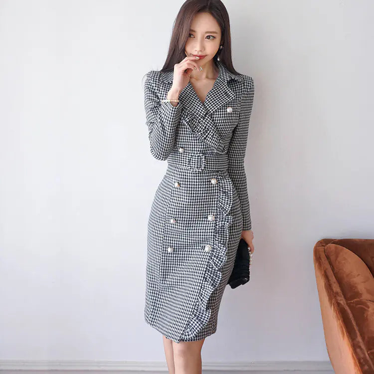Ruffled Sleeve Dress, Houndstooth Pattern Women's Dress