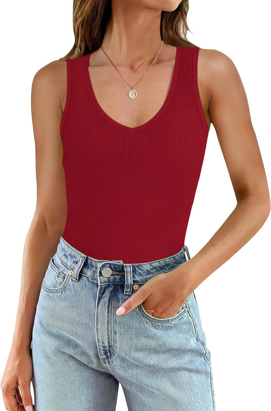 WIHOLL Red Tank Tops for Women – Summer V Neck