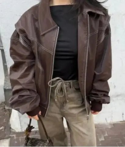 Retro Jacket Cool Stand Collar Long Sleeve Jacket Womens Clothing - Trendy Home Mart