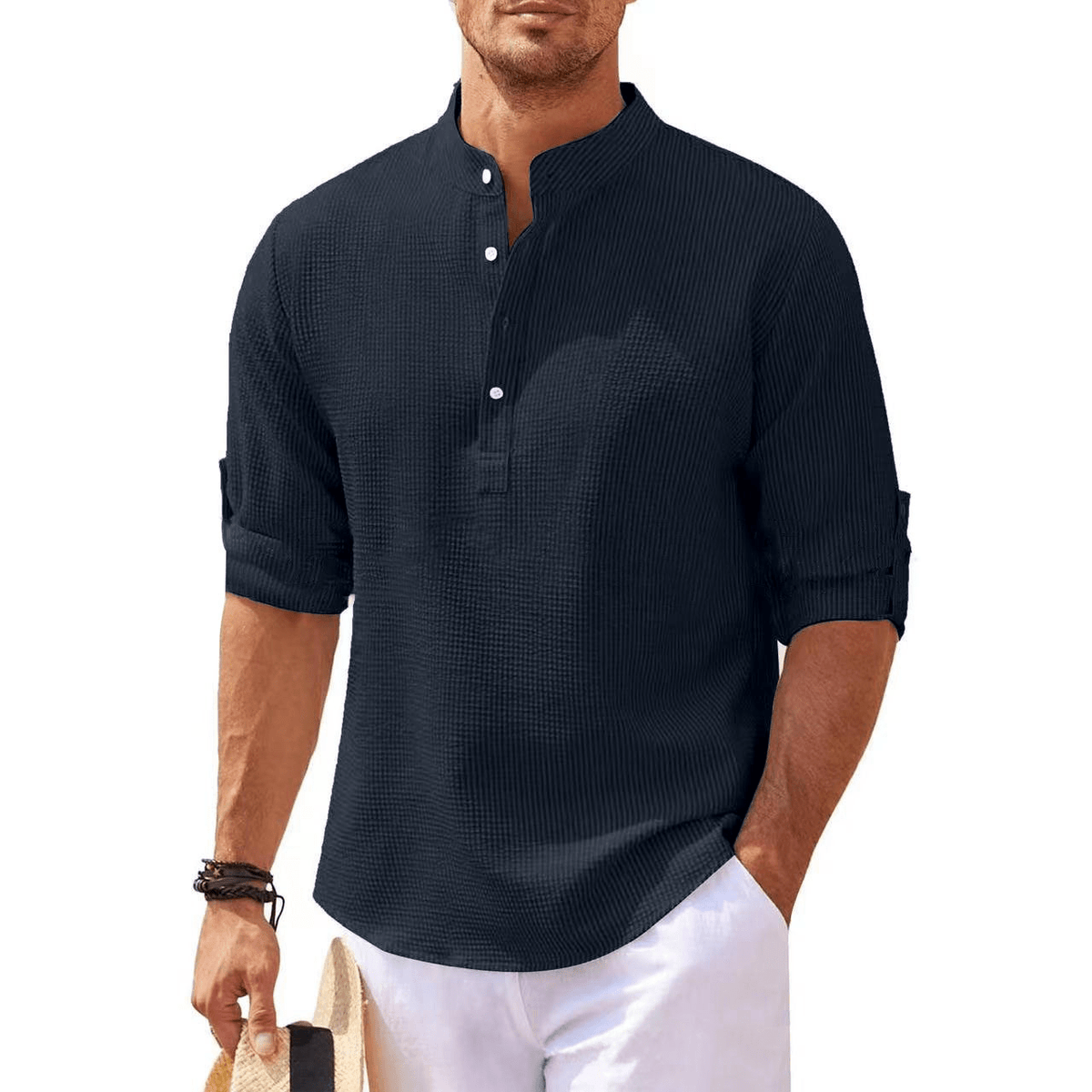 Stand Collar Button Shirt Summer Pineapple Texture Shirt Casual Top Men's Clothing - Trendy Home Mart