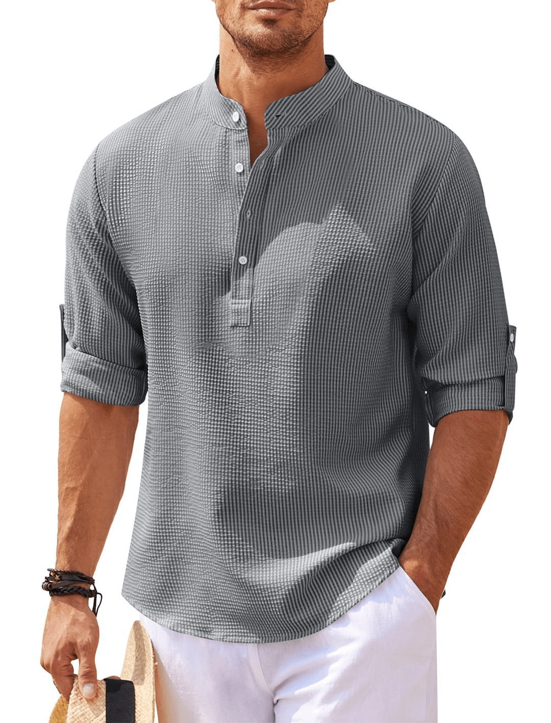 Stand Collar Button Shirt Summer Pineapple Texture Shirt Casual Top Men's Clothing - Trendy Home Mart