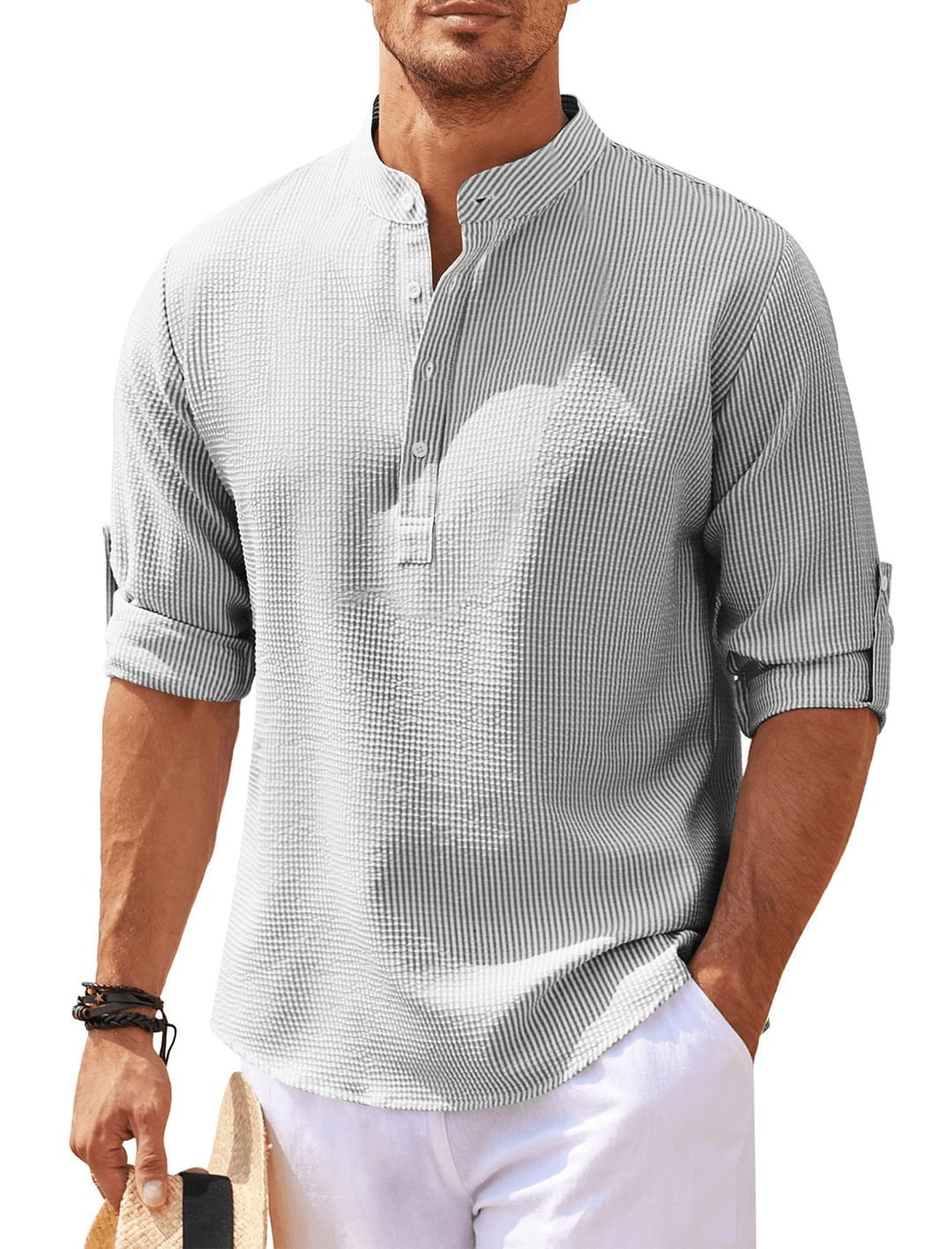 Stand Collar Button Shirt Summer Pineapple Texture Shirt Casual Top Men's Clothing - Trendy Home Mart