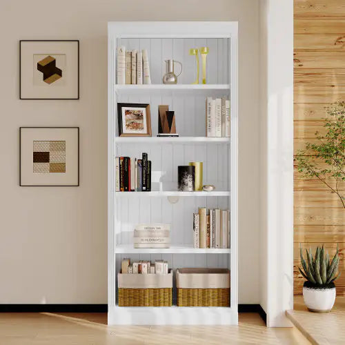 5-Tier Solid Wood Bookshelf – Adjustable Freestanding Storage (White)