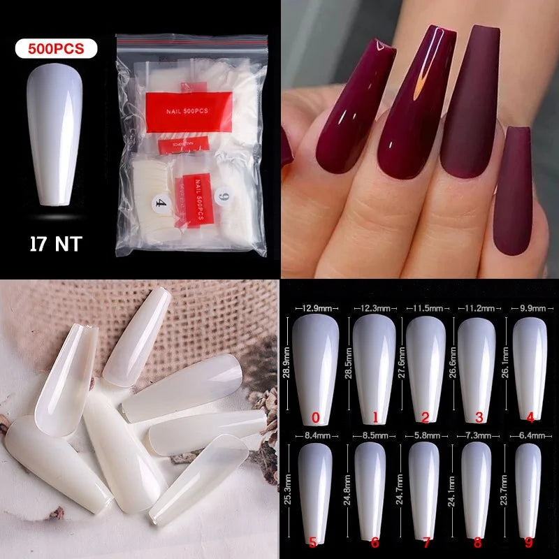 500pcs Natural Clear False Acrylic Nail Tips - Full/Half Cover Tips