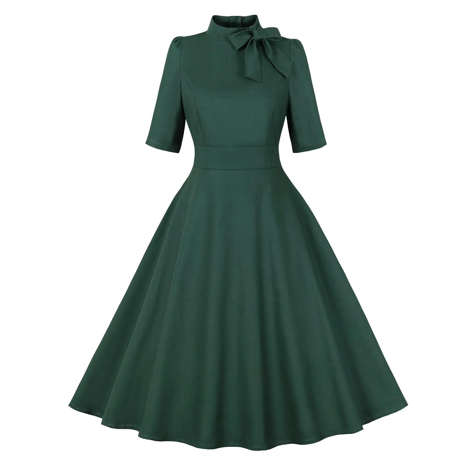 Vintage 1950s Swing Dress – Tie Neck Dark Green - Trendy Home Mart