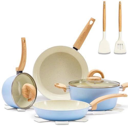 Vkoocy Blue Non Stick Pots and Pans Set Healthy Ceramic Cookware Set 12pcs Kitchen Cooking Pots and Frying Sauce Saute Pans Set PFAS - Free with Kitchen Utensils and Lid - Trendy Home Mart