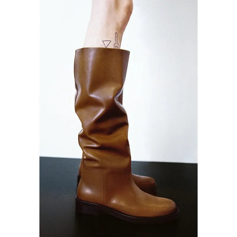 Women's Shoes Brown Vintage Cow Leather High Boots - Trendy Home Mart