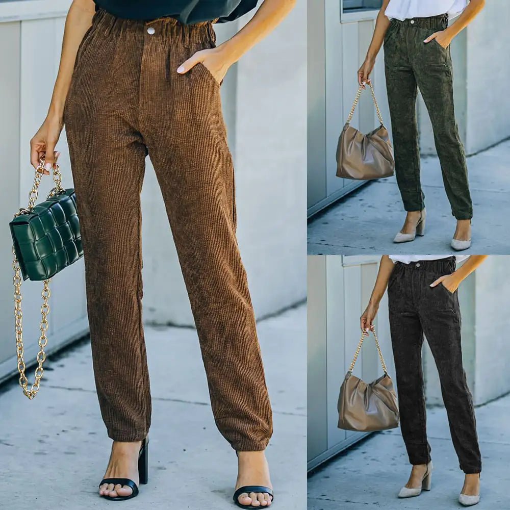 Women's Solid Color Casual Corduroy Pants - Trendy Home Mart
