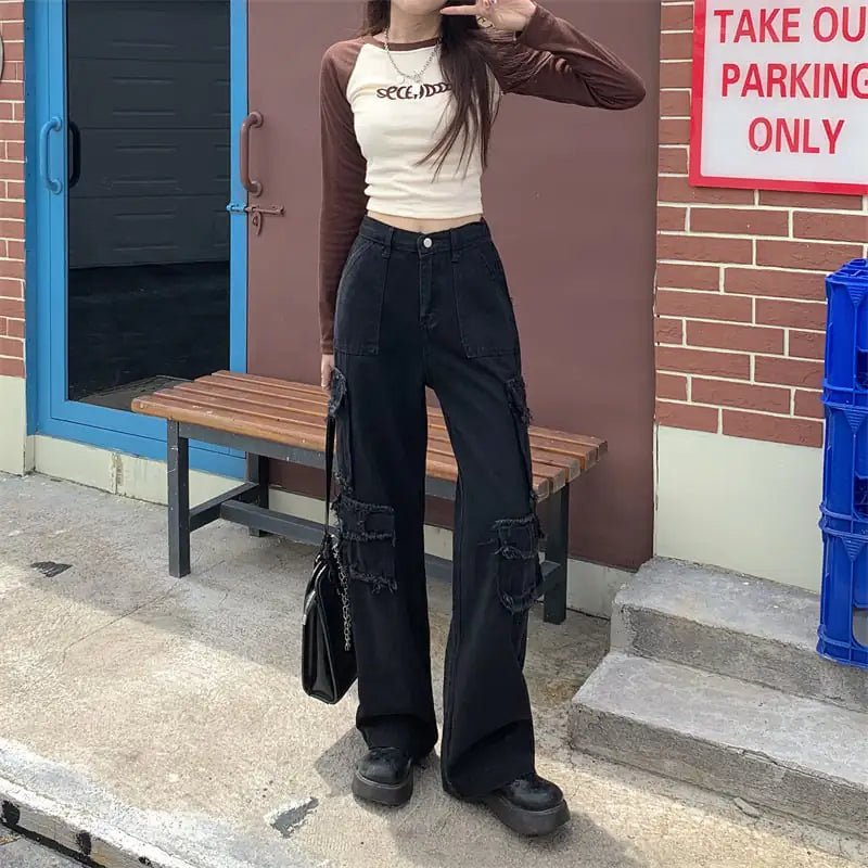 Women's Wide Leg Cargo Jeans Pants - Trendy Home Mart