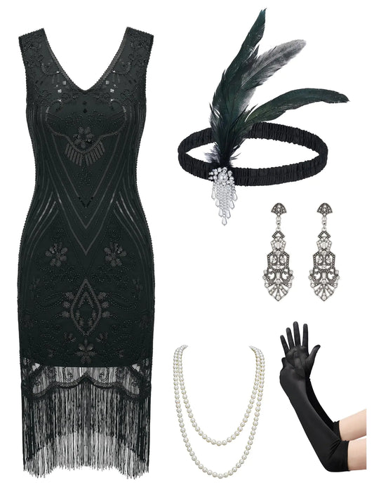 1920s Great Gatsby Flapper Dress Set with Accessories – Black