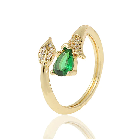 Copper Plated Gold Inlaid Zircon Fashion Ring – Green Adjustable